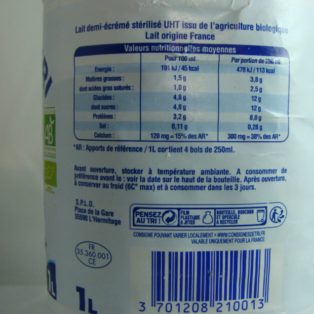 Lait de Vache Demi Ecrémé Bio - Du Panier à l'Assiette