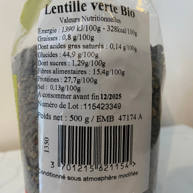 Lentille verte Bio - Du Panier à l'Assiette
